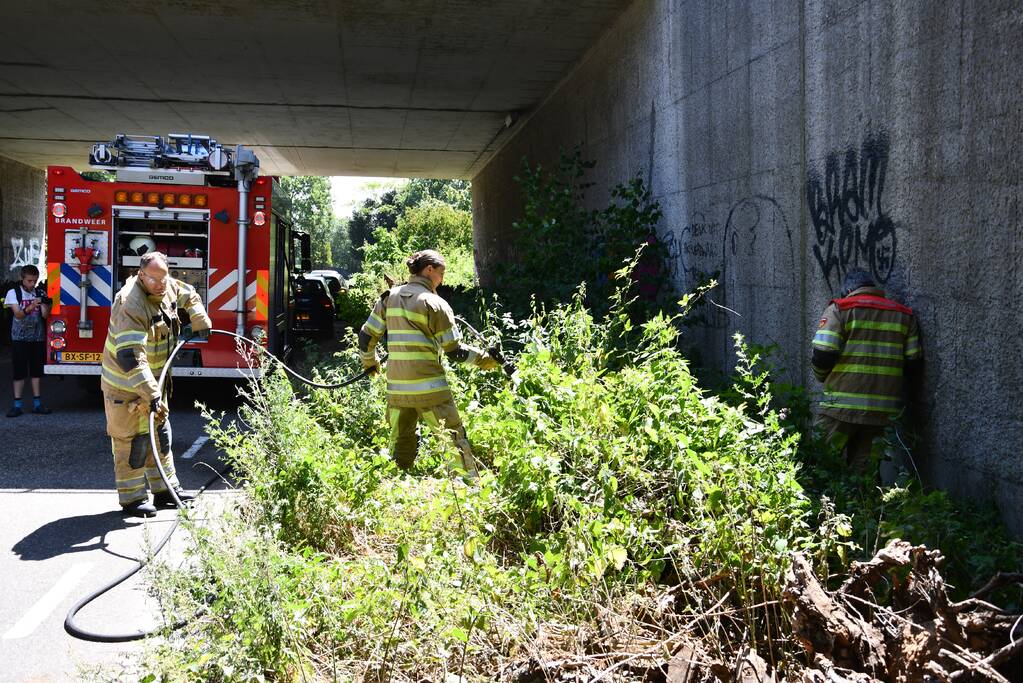 Bermbrand onder viaduct van snelweg