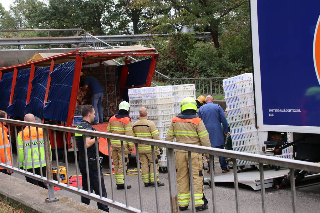 Vrachtwagen vol kippen vastgereden onder viaduct A30