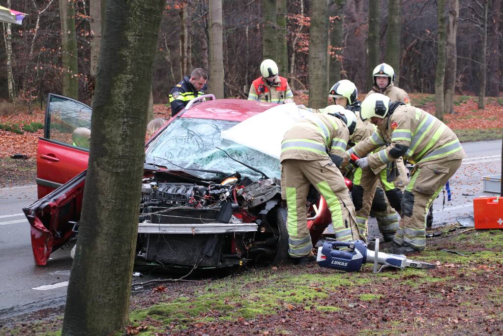 Auto raakt van de weg en botst frontaal op boom