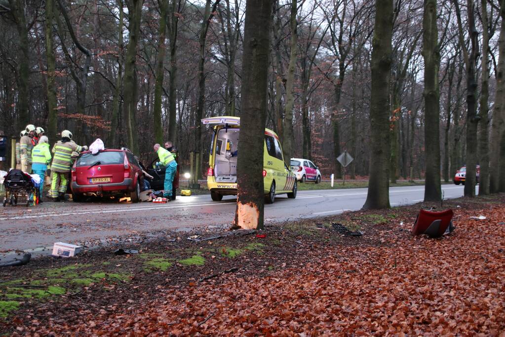 Auto raakt van de weg en botst frontaal op boom