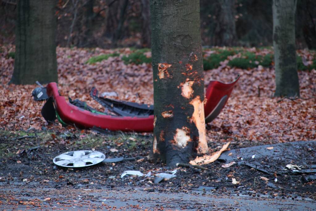 Auto raakt van de weg en botst frontaal op boom