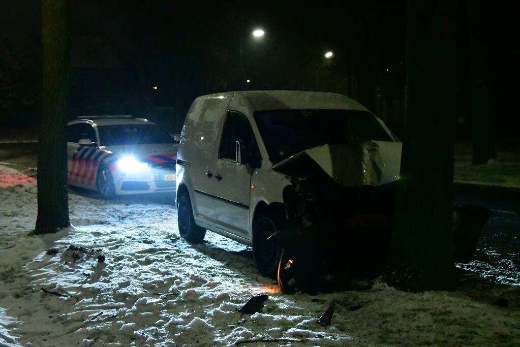 Bestelauto knalt op boom