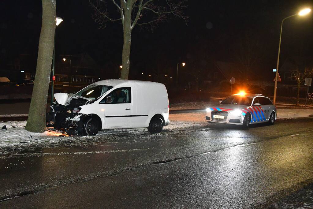 Bestelauto knalt op boom