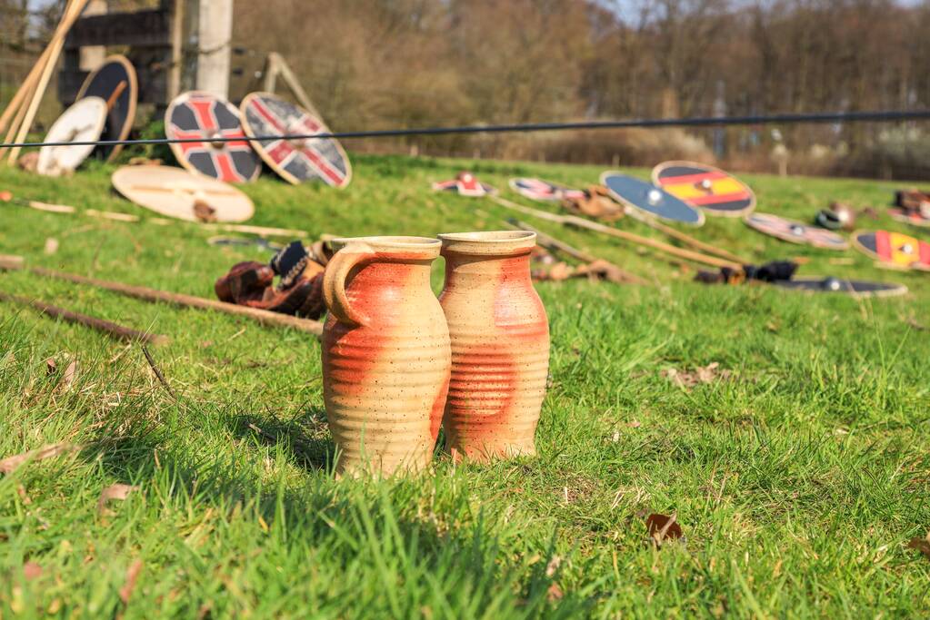 80 Europese Viking-strijders oefenen het zwaardvechten