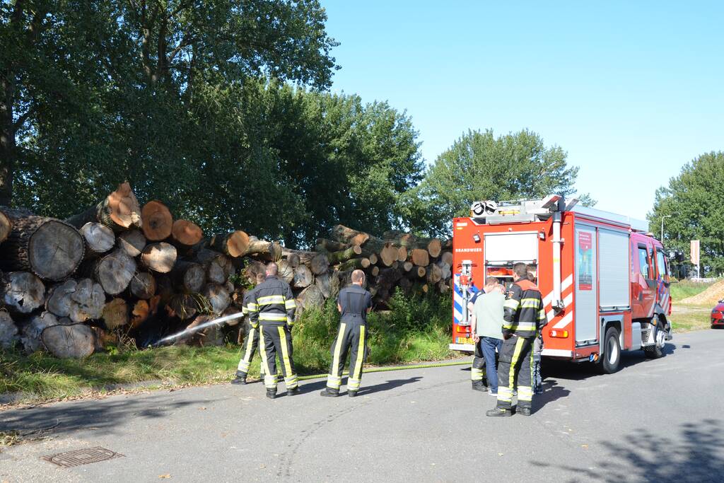 Berg met boomstammen in brand