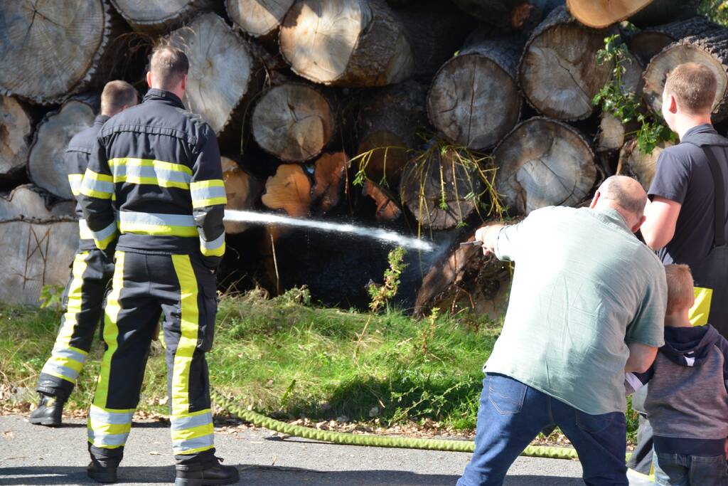 Berg met boomstammen in brand
