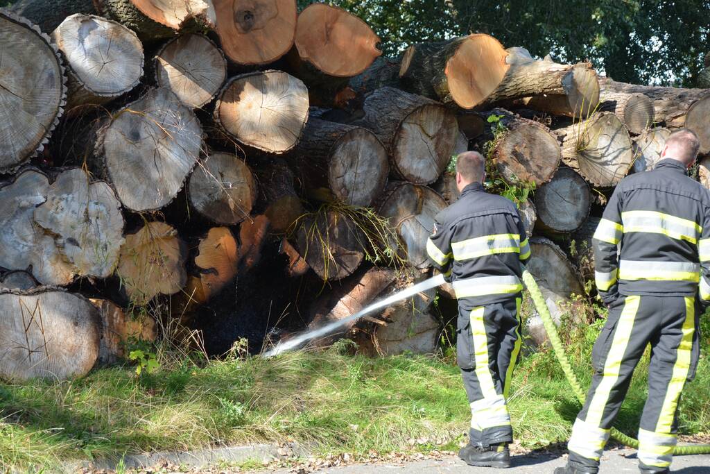 Berg met boomstammen in brand
