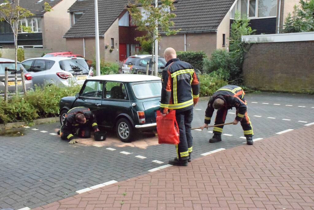 Mini Cooper lekt brandstof op parkeerplaats