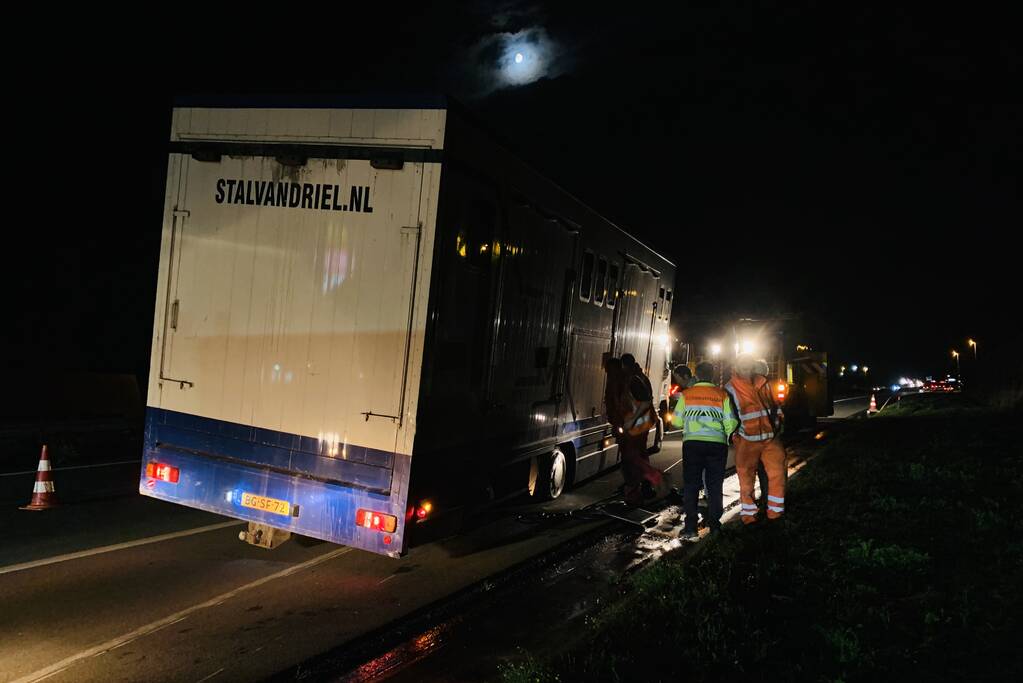 Vrachtwagen met 12 paarden dreigde om te vallen na klapband