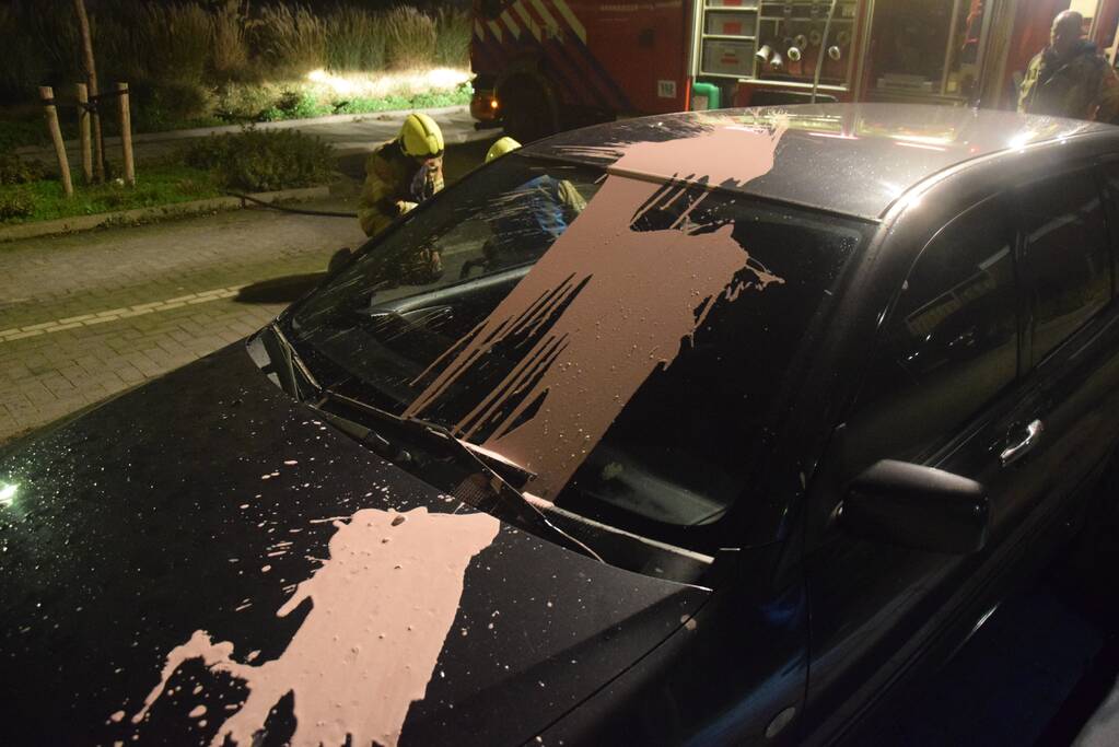 Auto met vloeistof besmeurd, schutting in brand gestoken