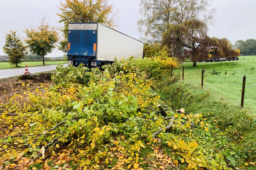 Vrachtwagen raakt van de weg