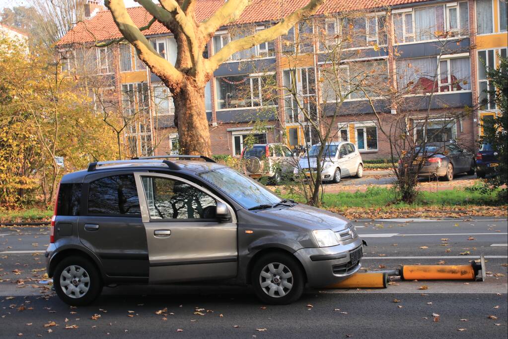 Verkeersborden tegen de vlakte, bestuurster met de schrik vrij