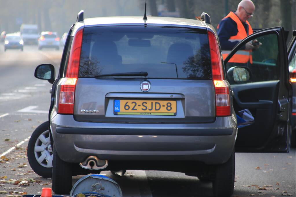 Verkeersborden tegen de vlakte, bestuurster met de schrik vrij