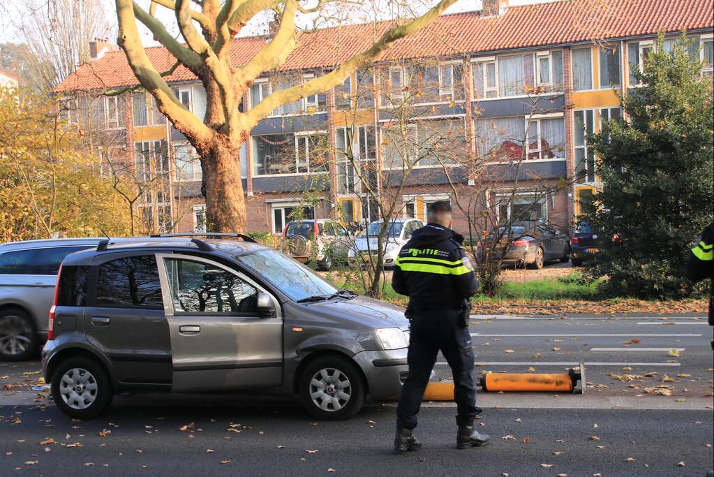 Verkeersborden tegen de vlakte, bestuurster met de schrik vrij