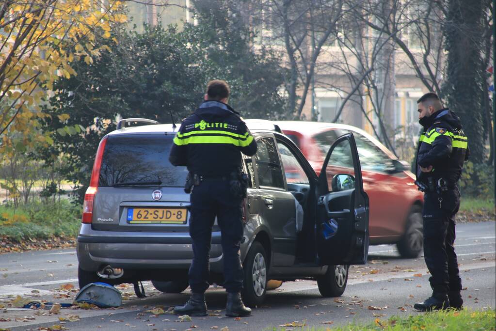 Verkeersborden tegen de vlakte, bestuurster met de schrik vrij