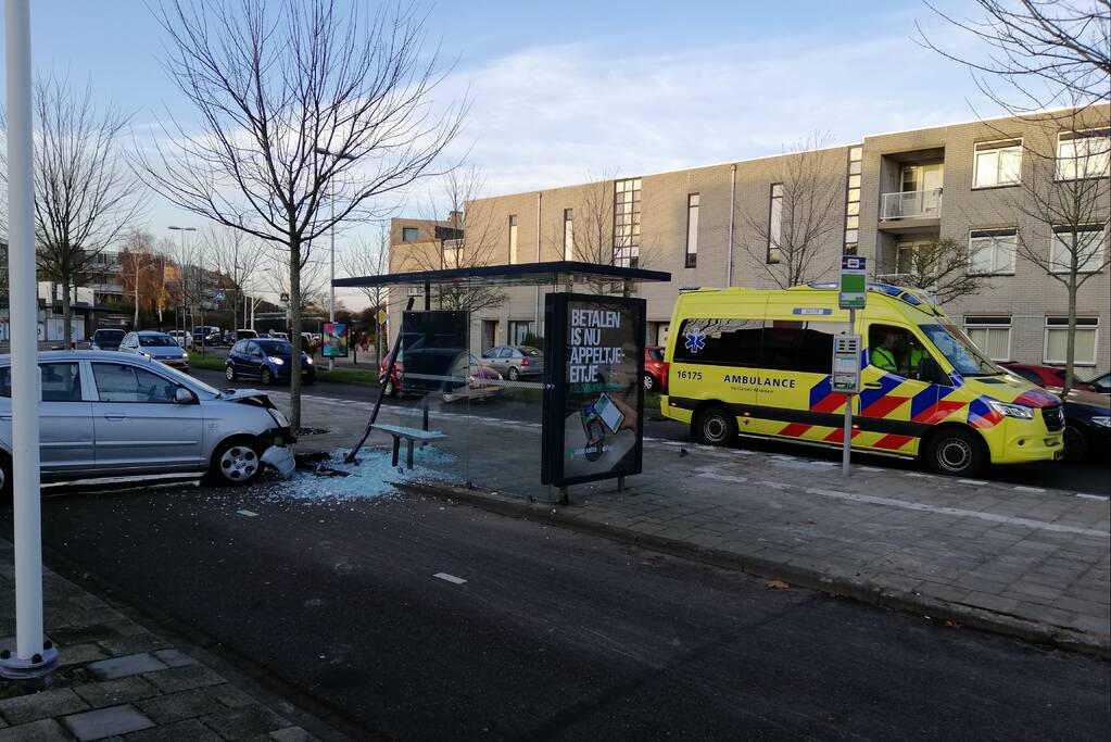 Bestuurster rijdt vanuit parkeervak bushokje aan diggelen