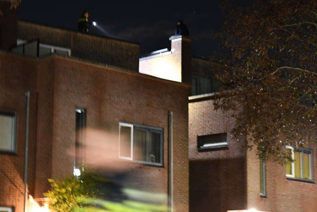 Verwarde man zit op schoorsteen