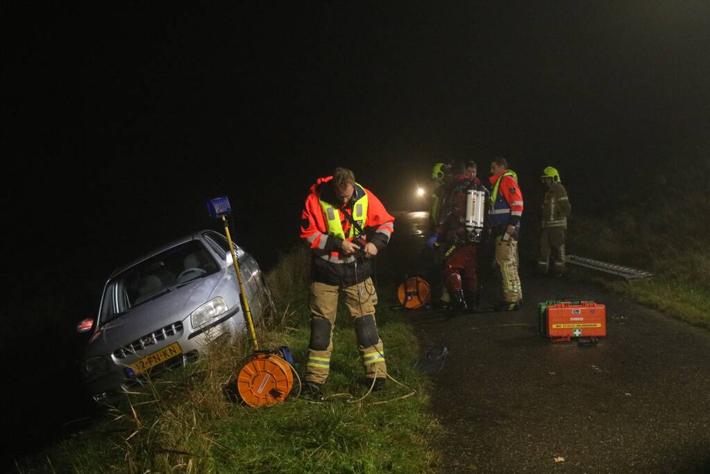 Auto raakt van dijk, brandweer doorzoekt sloot