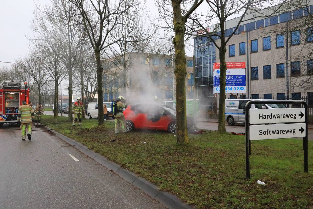 Auto botst op boom en vliegt in brand