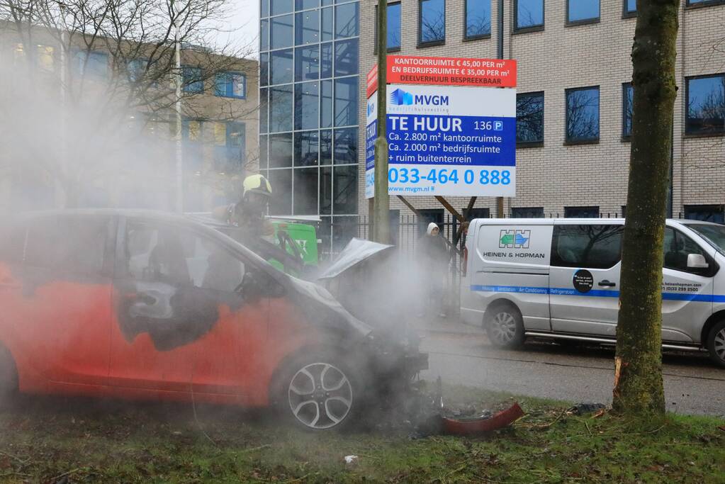 Auto botst op boom en vliegt in brand
