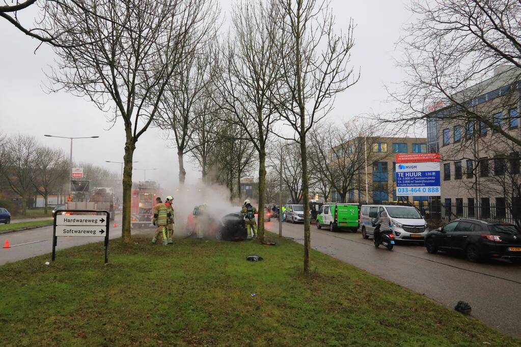 Auto botst op boom en vliegt in brand
