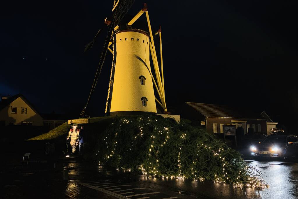 Verlichte kerstboom waait om