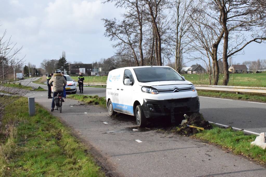 Bestelbus botst op lantaarnpaal komt tot stilstand op biggenruggen