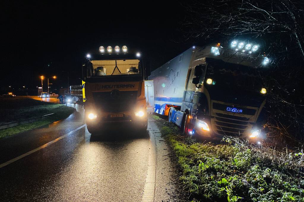 Vrachtwagen met varkens belandt naast de weg
