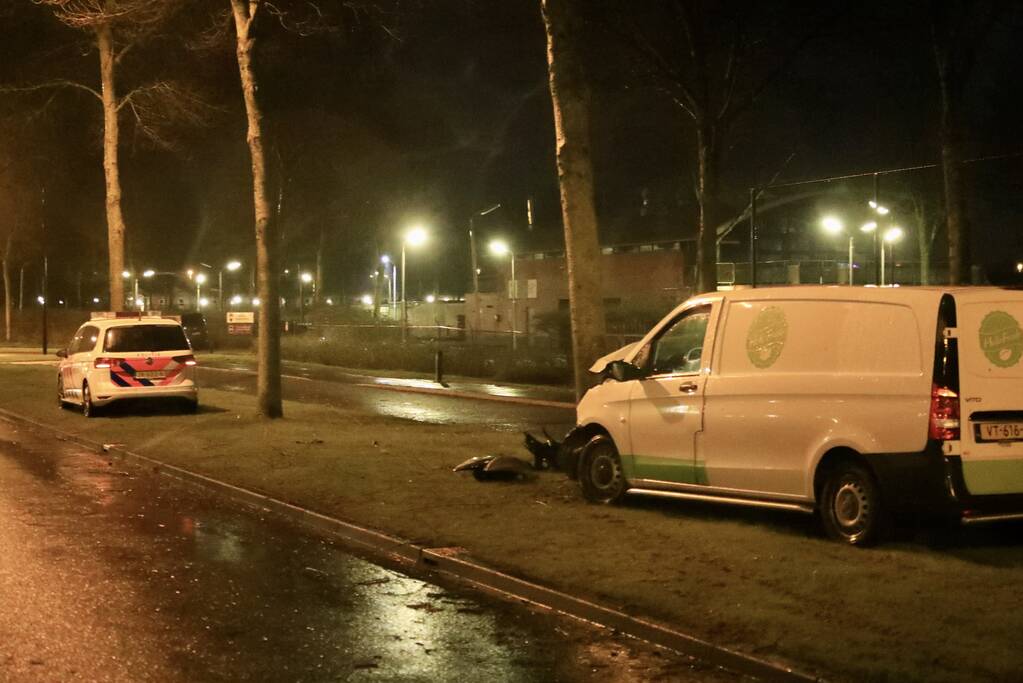 Bestelbus botst frontaal op boom