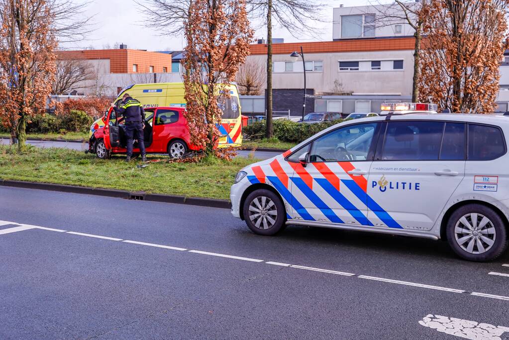 Auto raakt van de weg en botst op boom