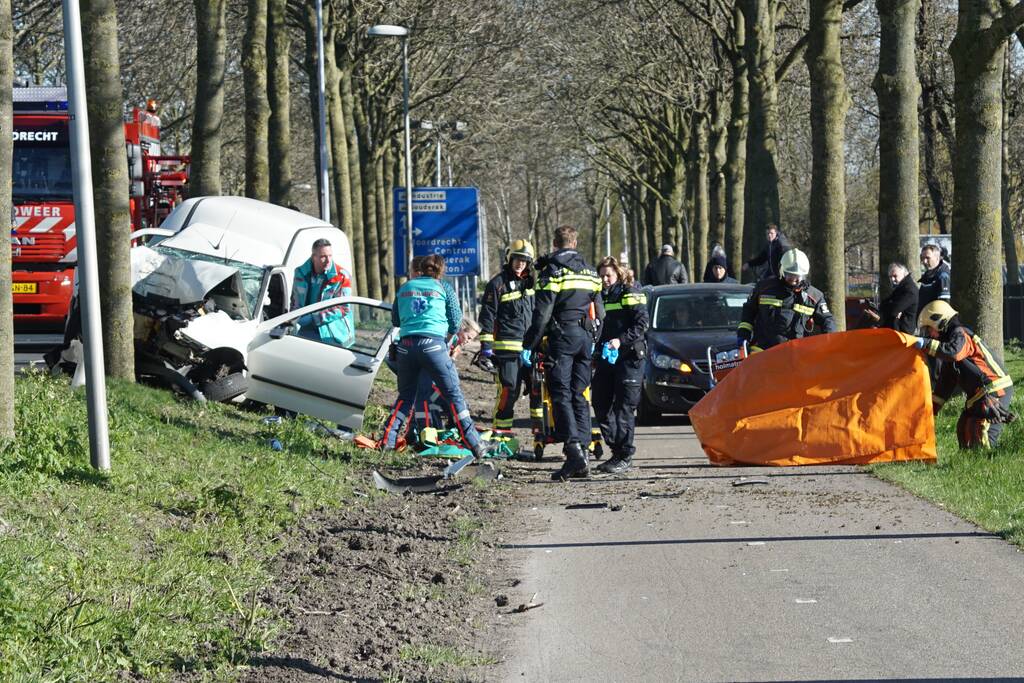 Bestelbus crasht frontaal tegen boom