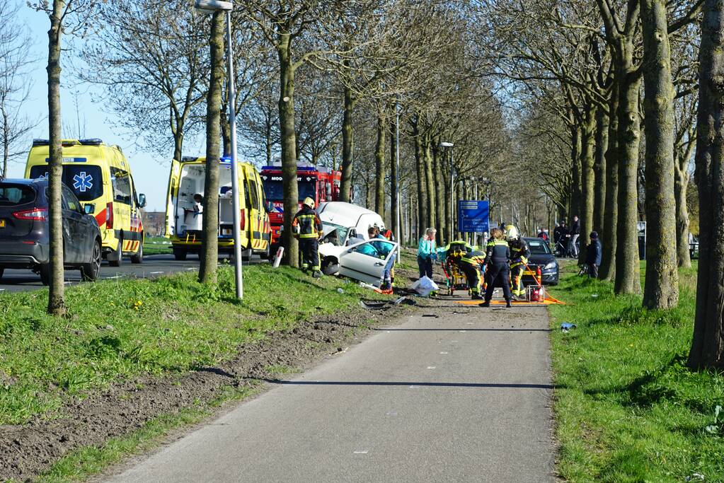Bestelbus crasht frontaal tegen boom