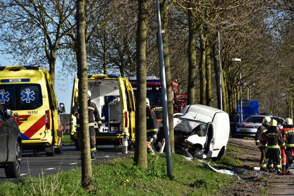 Bestelbus crasht frontaal tegen boom
