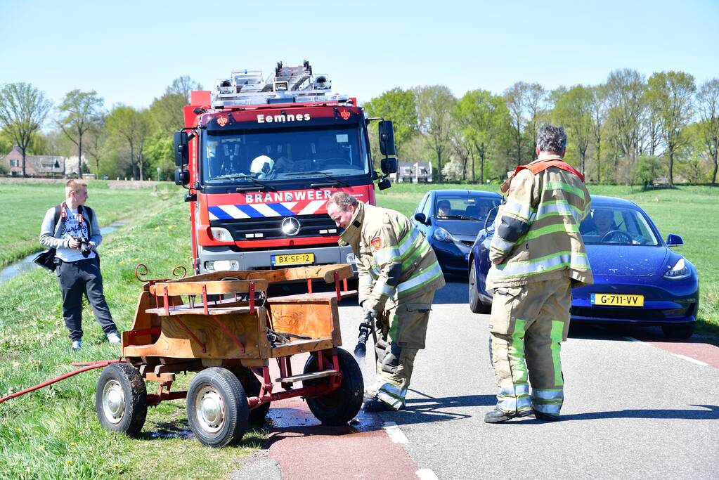 Brandweer redt pony met kar uit sloot