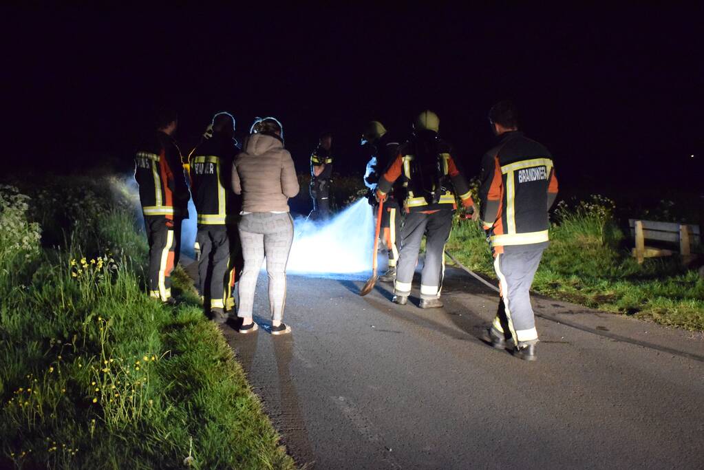 Brandweer blust brandend asfalt