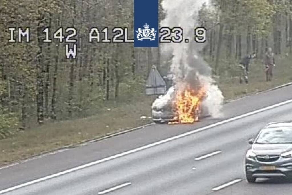 Auto gaat in vlammen op op vluchtstrook snelweg