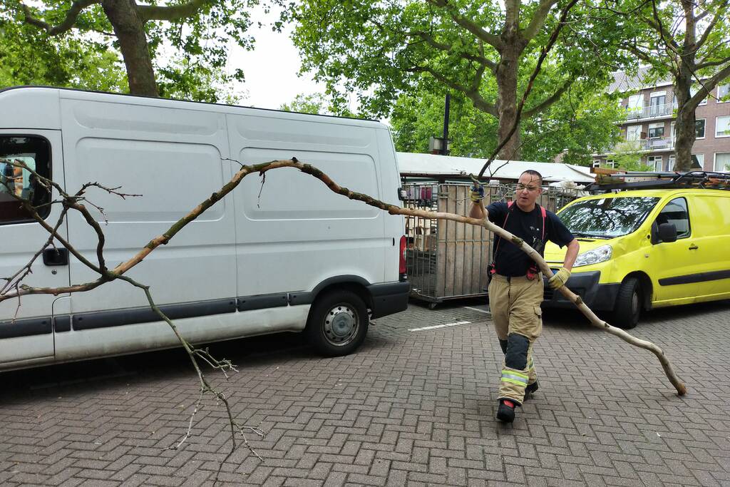 Gevaarlijke hangende takken verwijderd boven marktkraam