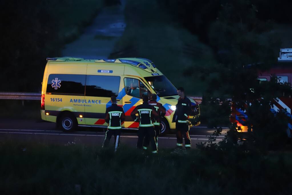 Bestelbus vliegt over de vangrail belandt in riet