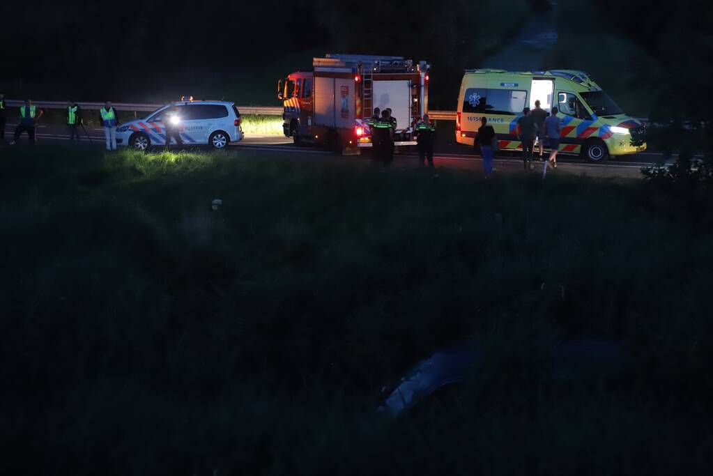 Bestelbus vliegt over de vangrail belandt in riet