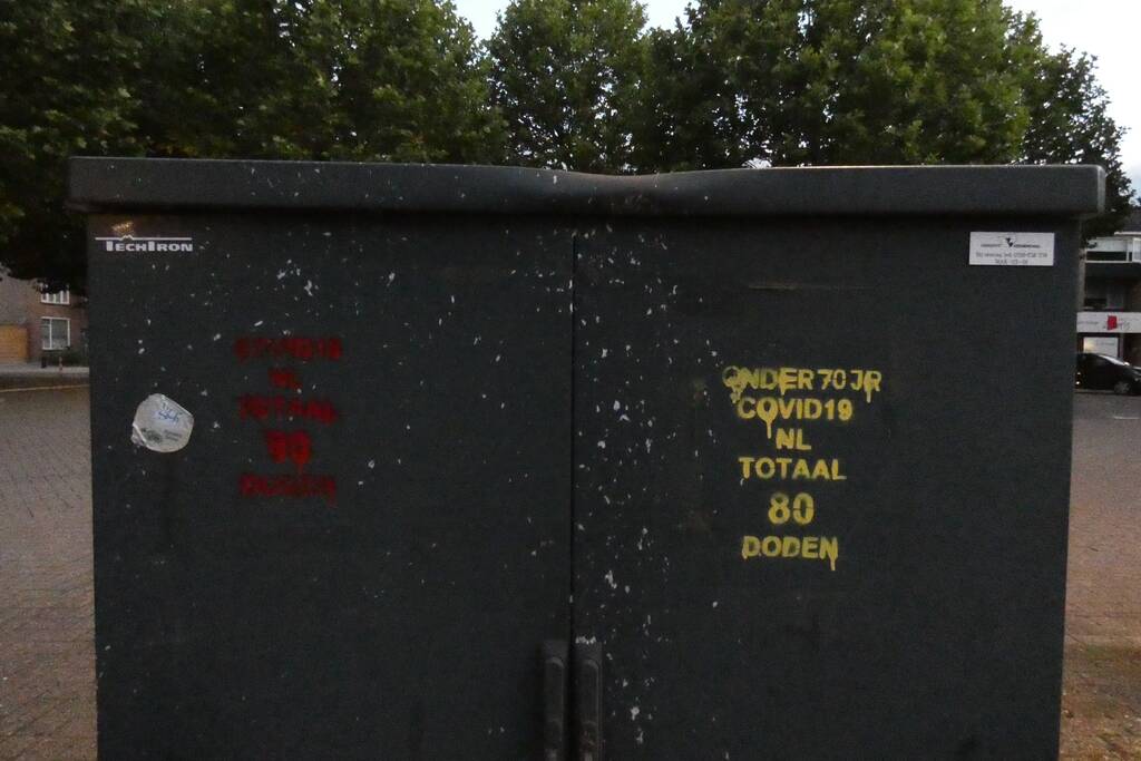 COVID19-overlijdensteksten op elektriciteitskasten geplaatst