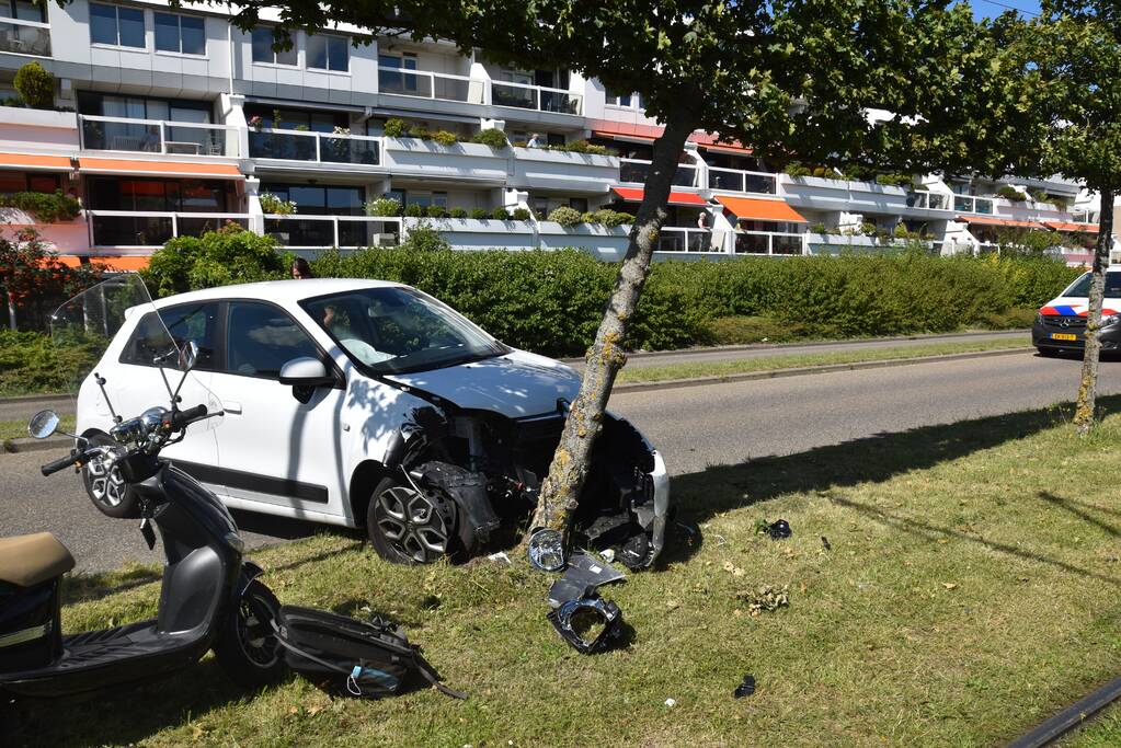 Auto raakt van de weg en knalt vol op boom