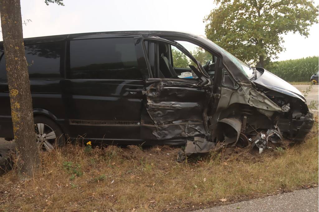 Bestelauto zwaar gehavend na botsing met meerdere bomen