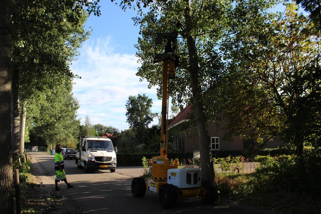Top van boom breekt af en komt gevaarlijk boven de weg te hangen