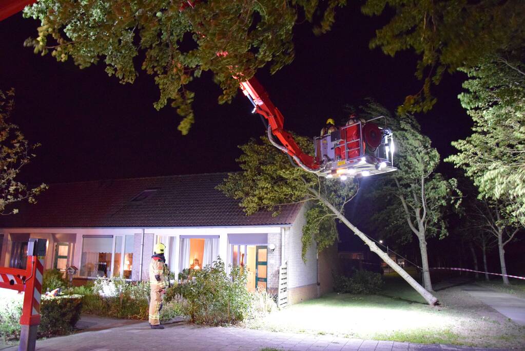 Boom waait om tegen woning