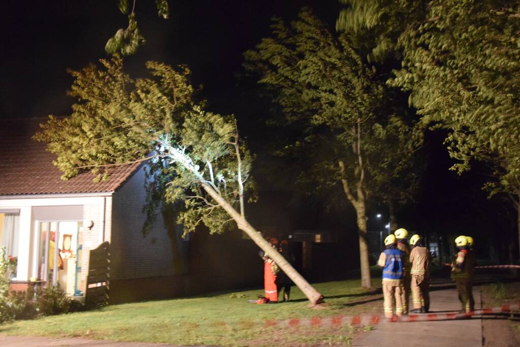 Boom waait om tegen woning