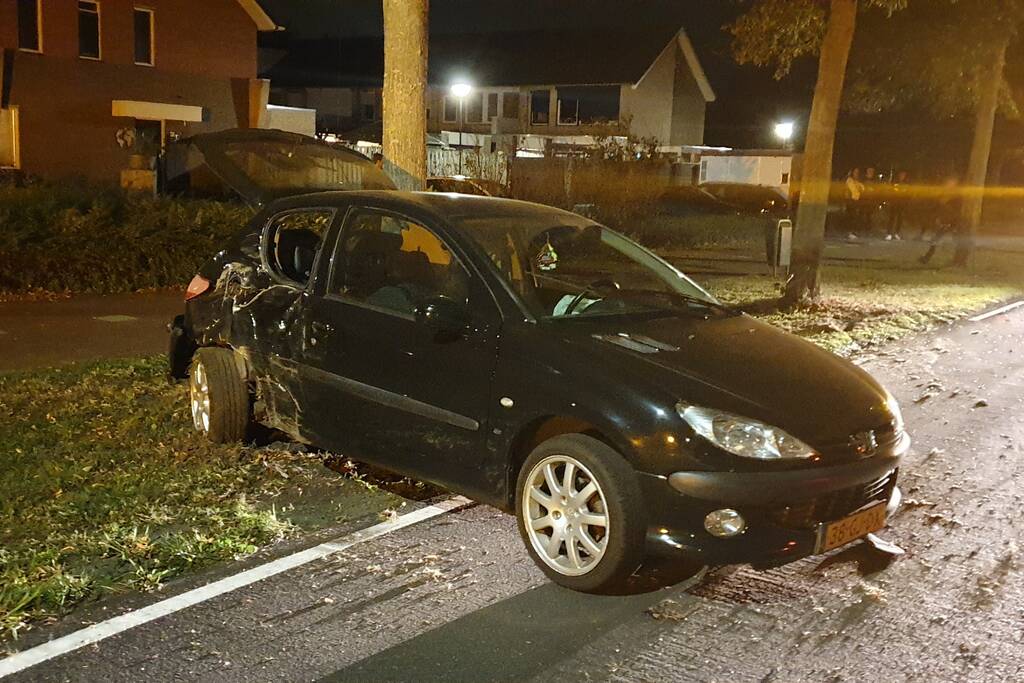 Auto raakt van de weg en raakt boom
