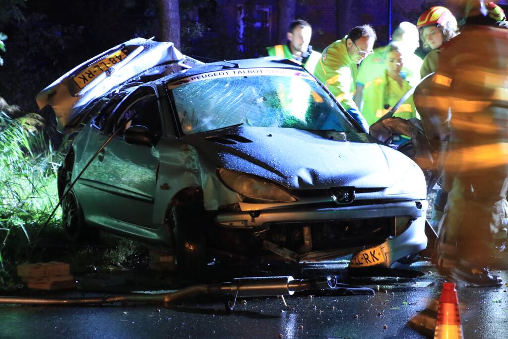 Auto slaat over de kop en raakt boom
