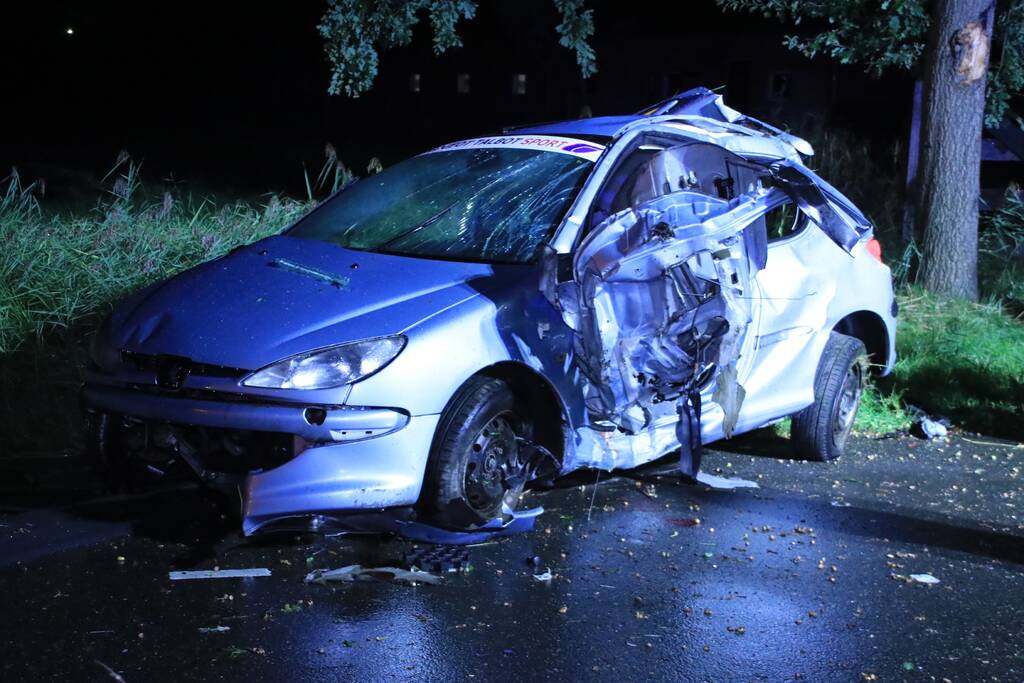 Auto slaat over de kop en raakt boom