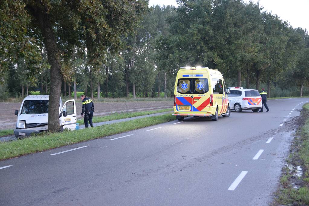 Bestelbus raaak van de weg en botst op boom