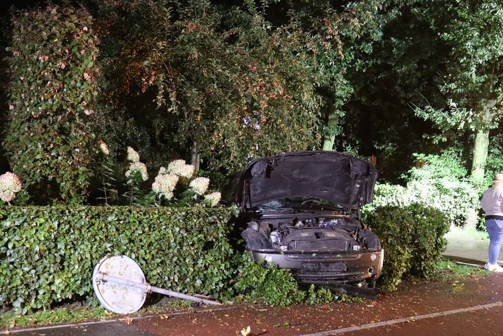 Auto rijdt heg in na botsing